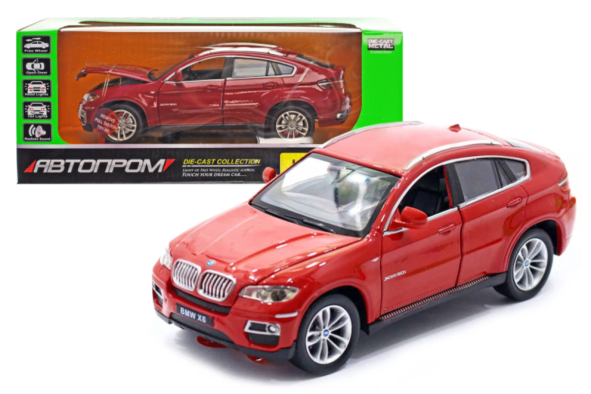 Машина металева 68250A Автопром 1:24 BMW X6 2 кольори, на батарейки, світло, звук, відкриваються двері, капот, багажник, в коробці 24,5*12*10 см