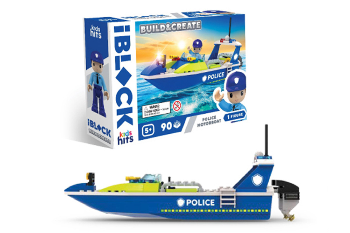 Конструктор Kids hits IBLOCK JUNIOR  KH41/002/2 90 деталей Police Motorboat короб. 24*16*6 см