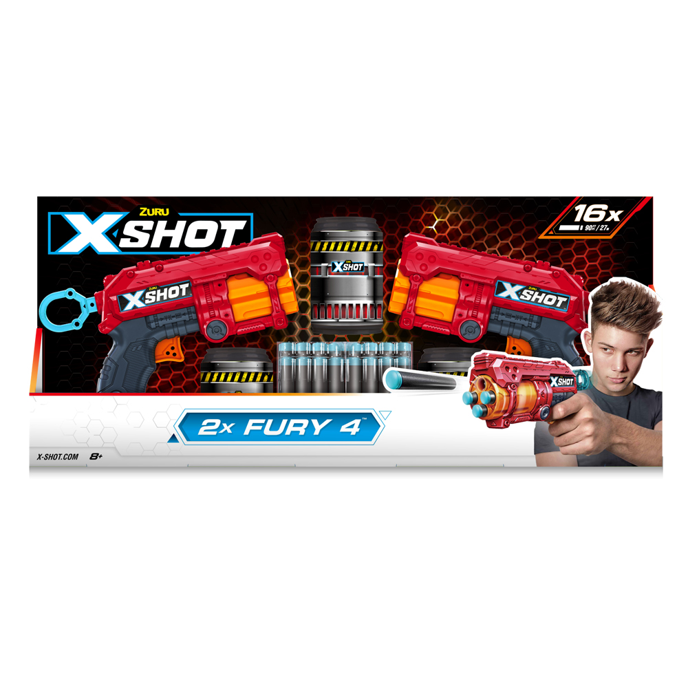 X-Shot Red Швидкострільний бластер Excel Fury 4 2 PK (3 банки, 16 патронів)